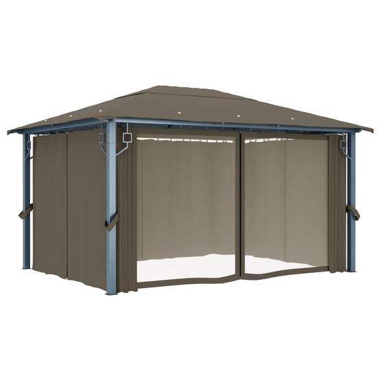Tonnelle Aluminium Taupe avec Rideaux et Lumières LED 4 x 3 x 2.7 cm - PANGIVO - Image 6