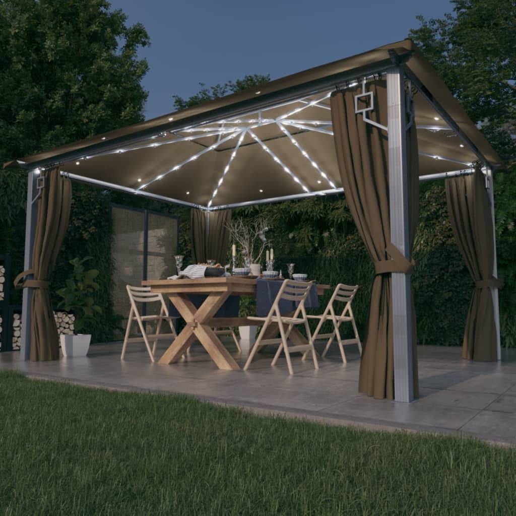 Tonnelle Aluminium Taupe avec Rideaux et Lumières LED 4 x 3 x 2.7 cm - PANGIVO