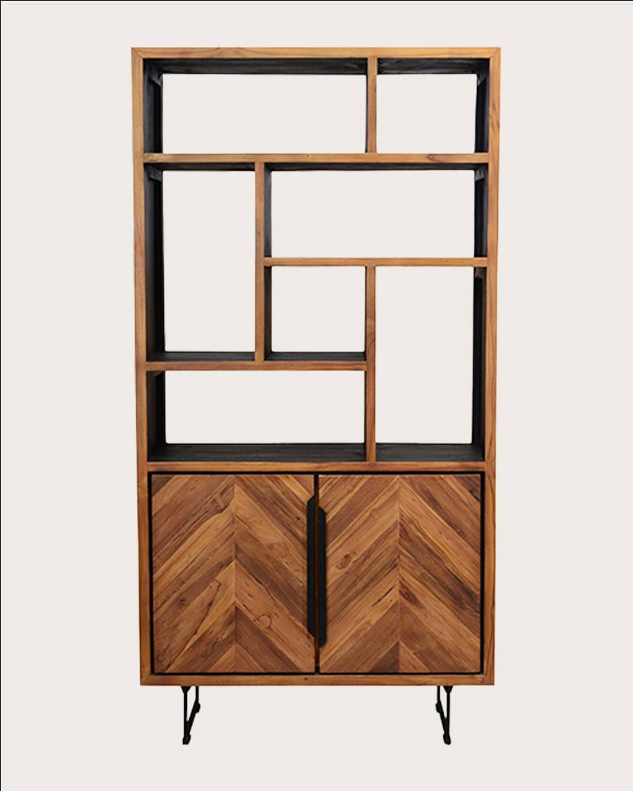 Kappa - Petite bibliothèque industrielle en teck maffis recyclé avec motif chevron 100 cm - UNIQKA - Imagen 1