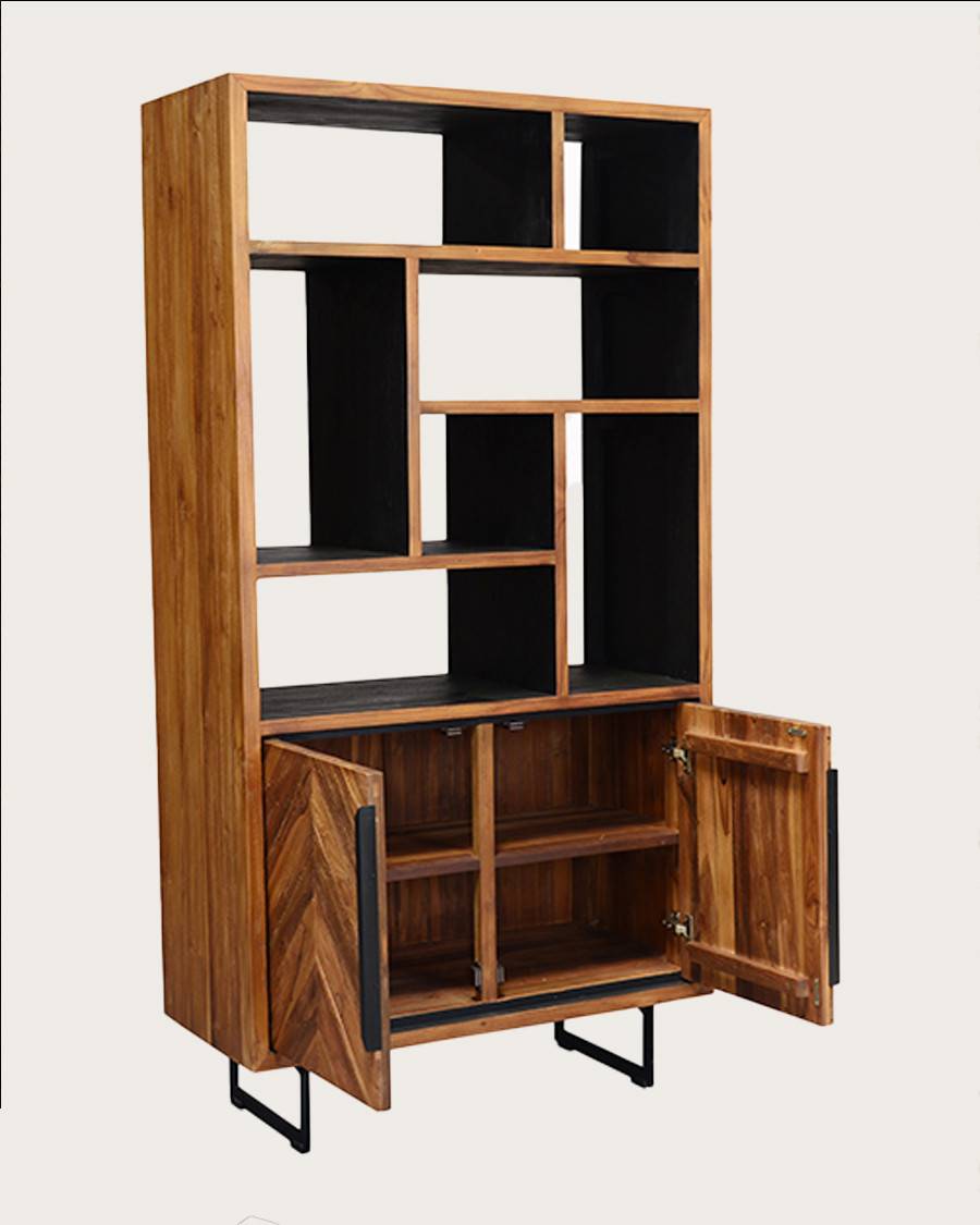 Kappa - Petite bibliothèque industrielle en teck maffis recyclé avec motif chevron 100 cm - UNIQKA - Imagen 5