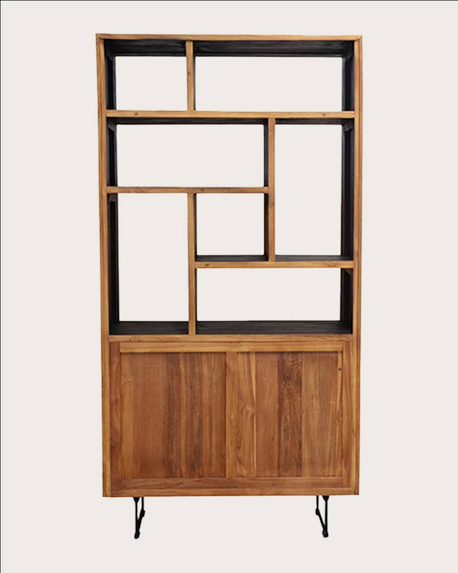 Kappa - Petite bibliothèque industrielle en teck maffis recyclé avec motif chevron 100 cm - UNIQKA - Imagen 10