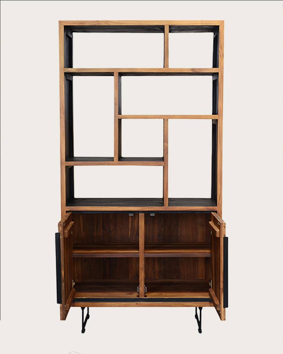 Kappa - Petite bibliothèque industrielle en teck maffis recyclé avec motif chevron 100 cm - UNIQKA - Imagen 4