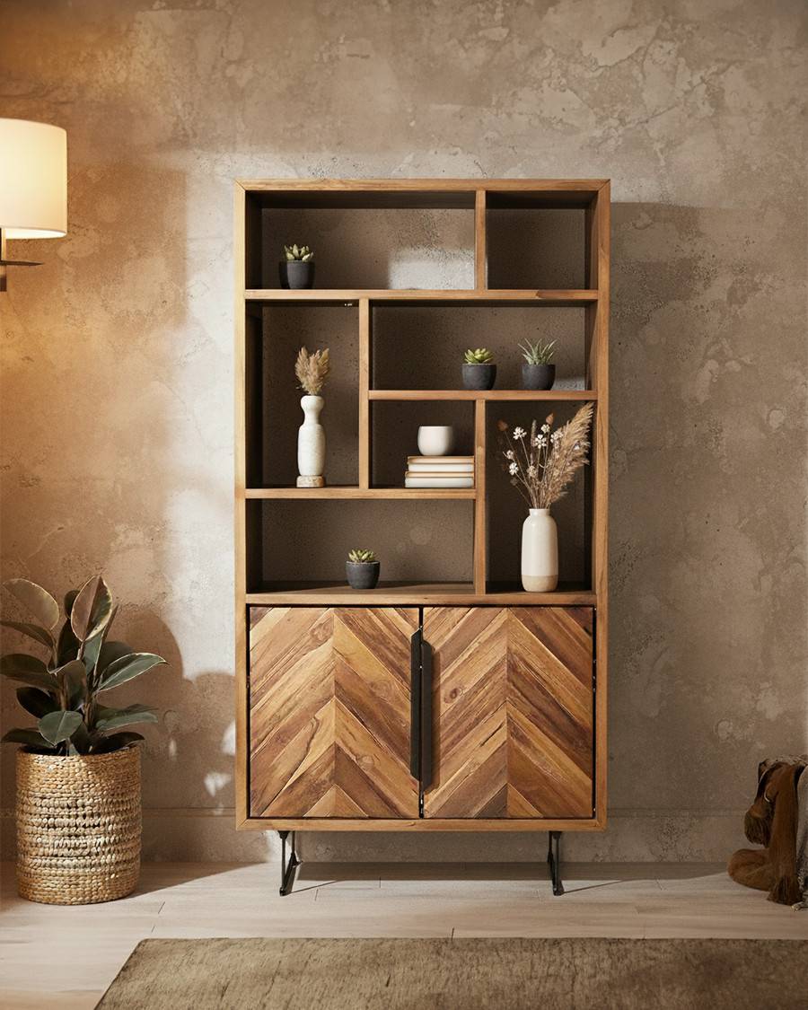 Kappa - Petite bibliothèque industrielle en teck maffis recyclé avec motif chevron 100 cm - UNIQKA - Imagen 2