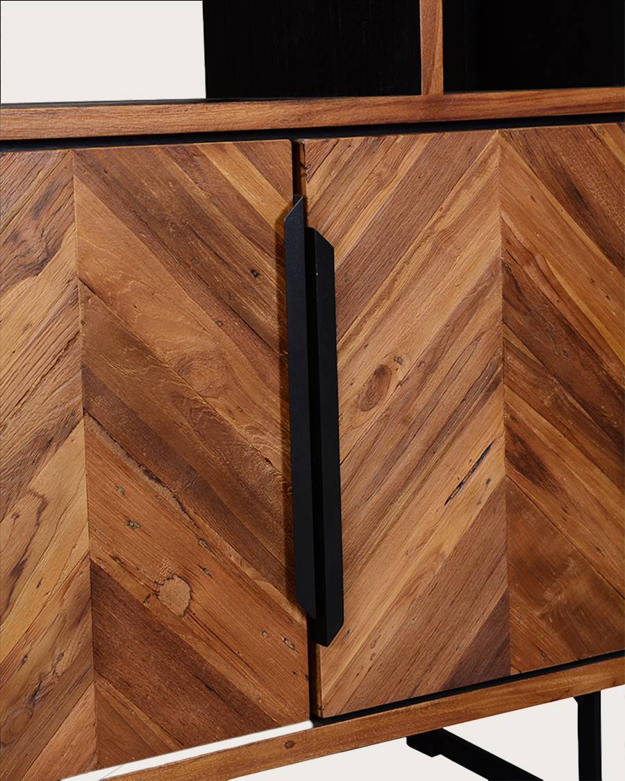 Kappa - Petite bibliothèque industrielle en teck maffis recyclé avec motif chevron 100 cm - UNIQKA - Imagen 7