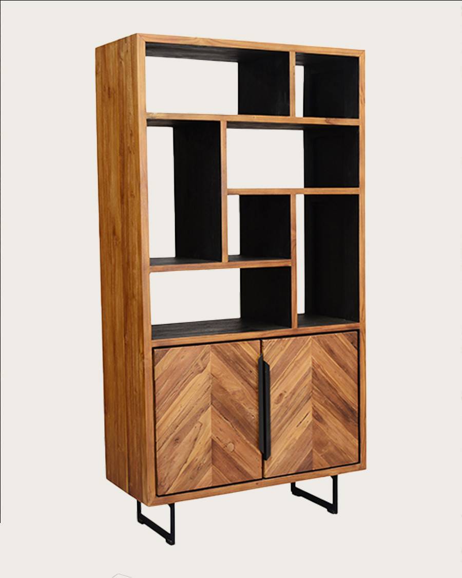 Kappa - Petite bibliothèque industrielle en teck maffis recyclé avec motif chevron 100 cm - UNIQKA - Imagen 3