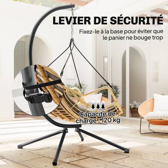 Fauteuil suspendu avec support résine tressée et acier gris 118 x 100 x 192 cm - PANGIVO - Image 10