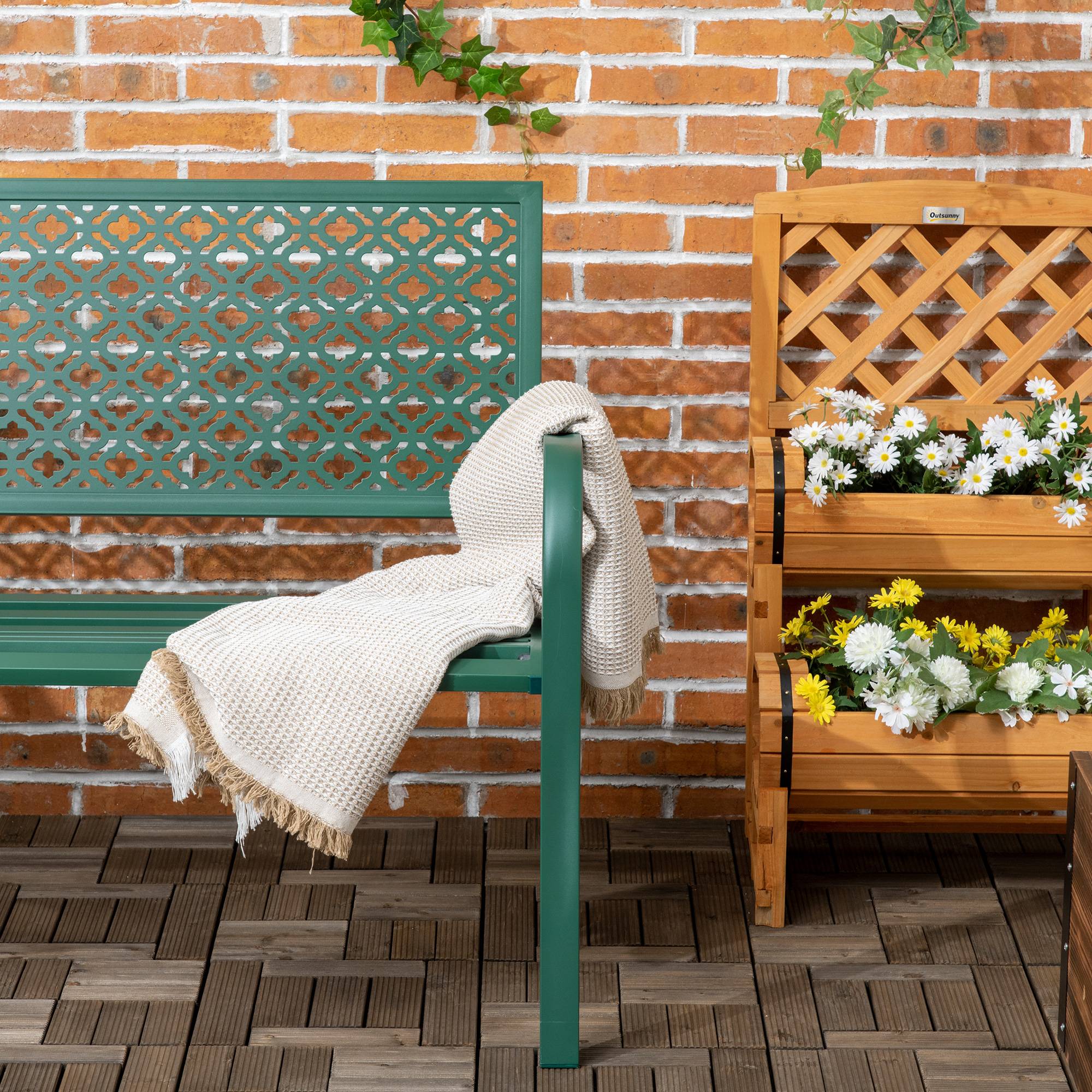 ComfortXL - Banc de jardin 2 places acier vert foncé 127 x 63 x 83 cm extérieur dossier fleuri accoudoirs charge 240 kg - Image 7