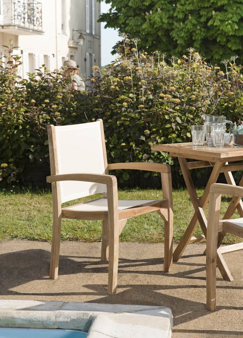 Macabane - FUN - Ensemble de 2 fauteuils de jardin bois teck / textilène blanc - Imagen 2