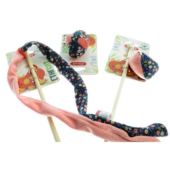 2 canne à pêche et 1 souris tissu fleur rose, jouet pour chat - Image 1