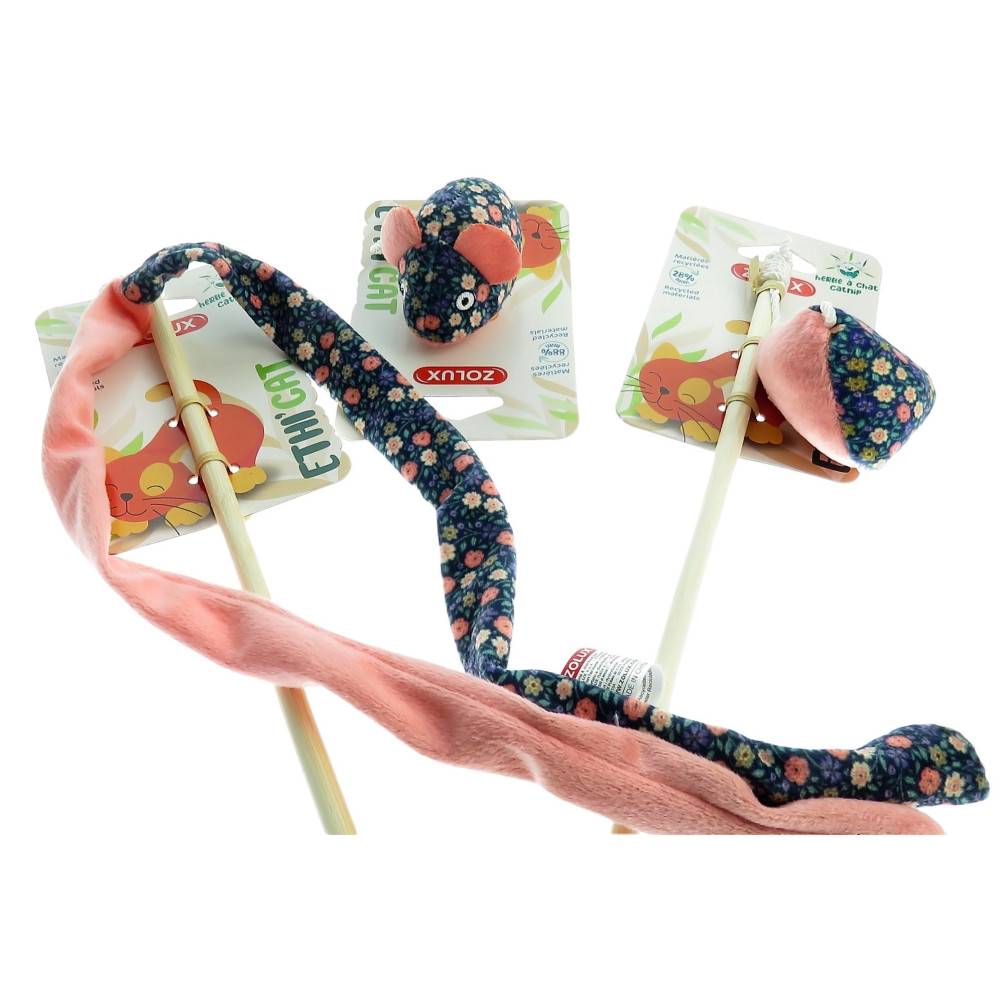 2 canne à pêche et 1 souris tissu fleur rose, jouet pour chat - Image 1