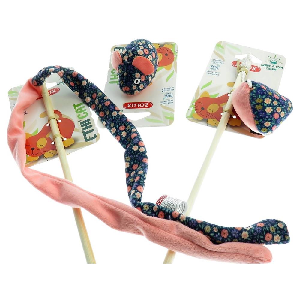 2 canne à pêche et 1 souris tissu fleur rose, jouet pour chat - Image 4