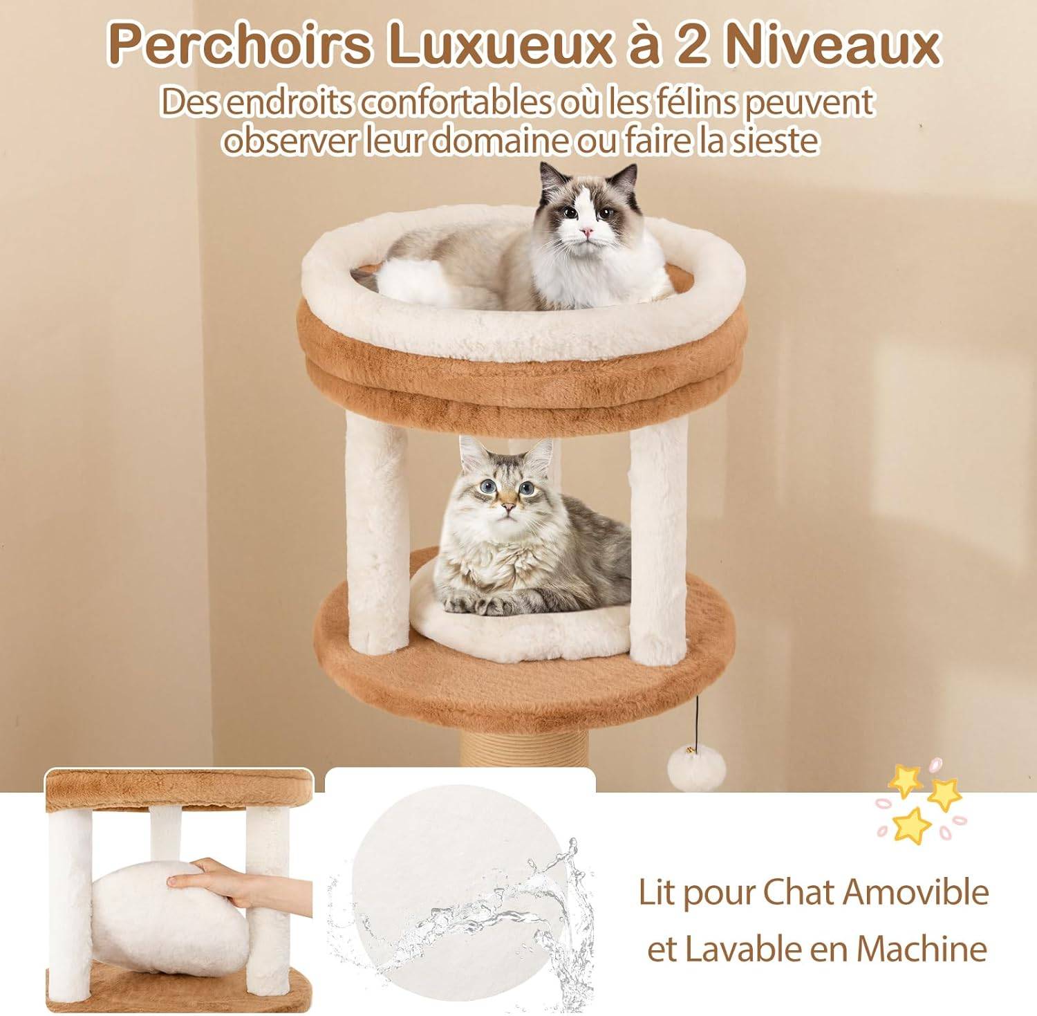 COSTWAY Arbre à Chat XXL 164 cm, Arbre a Chat Maine Coon, 3 Griffoirs pour Chat en Sisal, Brosse d'Toilettage,4 Plateformes, Coussins Amovible,Pompon - Image 6