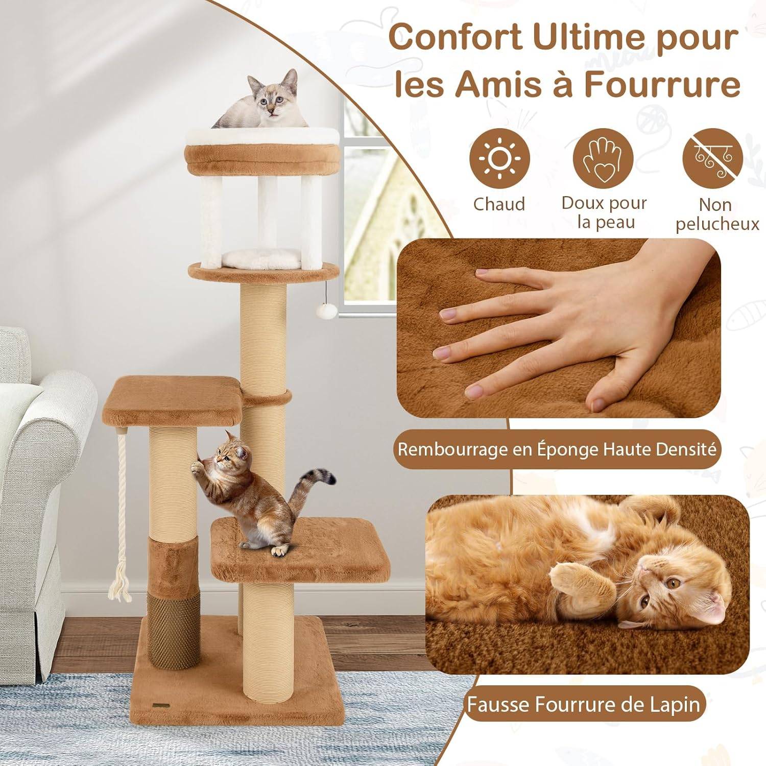 COSTWAY Arbre à Chat XXL 164 cm, Arbre a Chat Maine Coon, 3 Griffoirs pour Chat en Sisal, Brosse d'Toilettage,4 Plateformes, Coussins Amovible,Pompon - Image 8