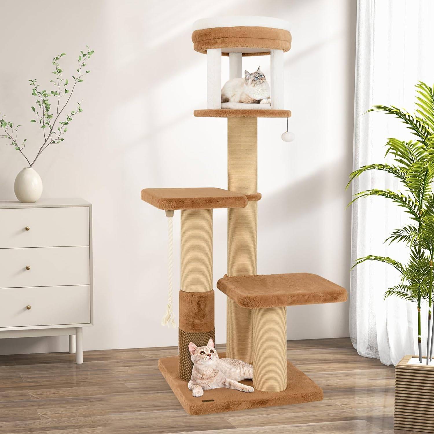 COSTWAY Arbre à Chat XXL 164 cm, Arbre a Chat Maine Coon, 3 Griffoirs pour Chat en Sisal, Brosse d'Toilettage,4 Plateformes, Coussins Amovible,Pompon - Image 3
