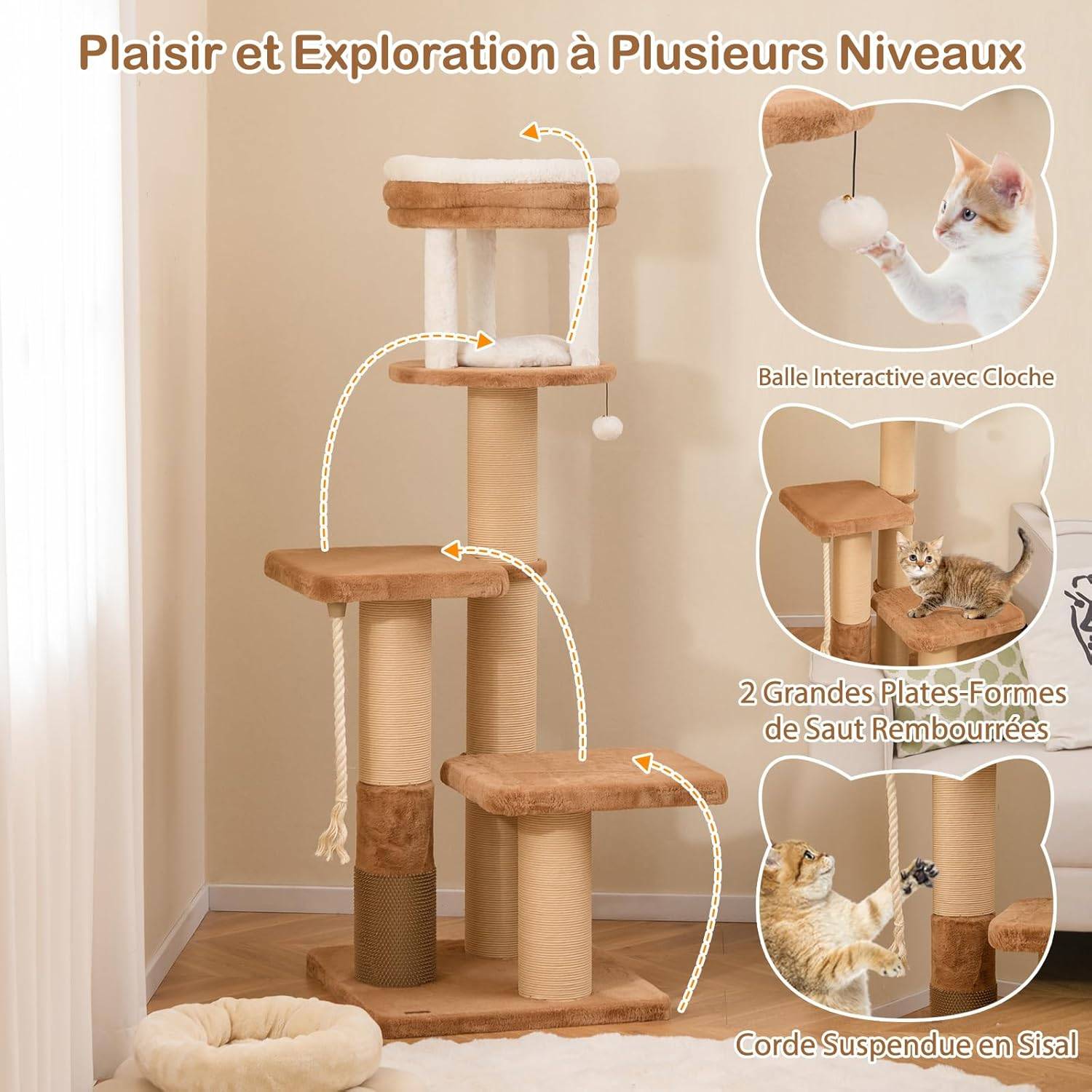 COSTWAY Arbre à Chat XXL 164 cm, Arbre a Chat Maine Coon, 3 Griffoirs pour Chat en Sisal, Brosse d'Toilettage,4 Plateformes, Coussins Amovible,Pompon - Image 9