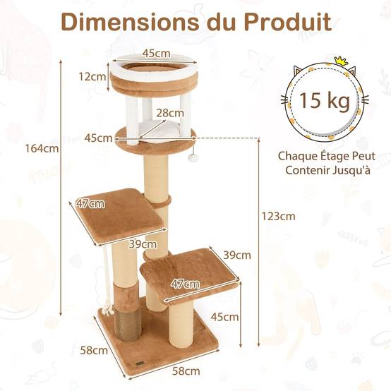 COSTWAY Arbre à Chat XXL 164 cm, Arbre a Chat Maine Coon, 3 Griffoirs pour Chat en Sisal, Brosse d'Toilettage,4 Plateformes, Coussins Amovible,Pompon - Image 4
