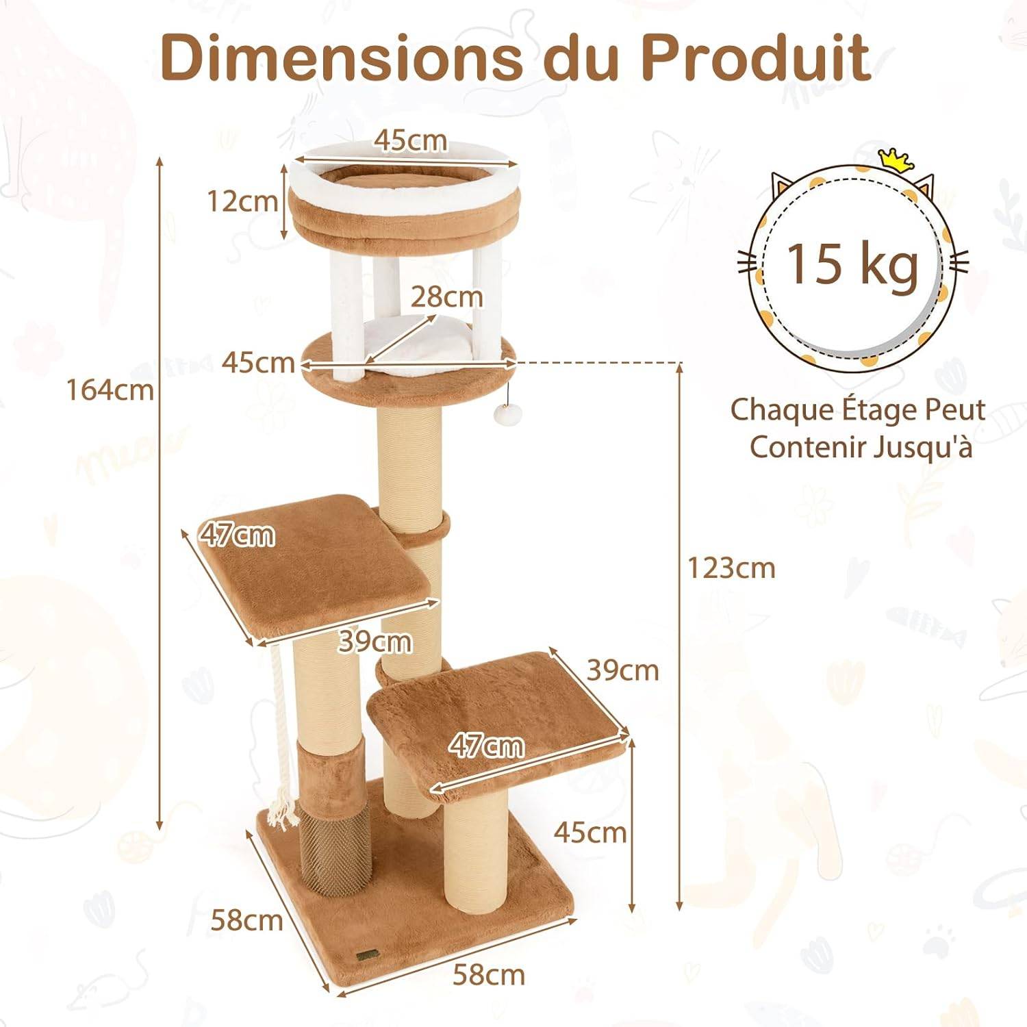 COSTWAY Arbre à Chat XXL 164 cm, Arbre a Chat Maine Coon, 3 Griffoirs pour Chat en Sisal, Brosse d'Toilettage,4 Plateformes, Coussins Amovible,Pompon - Image 4