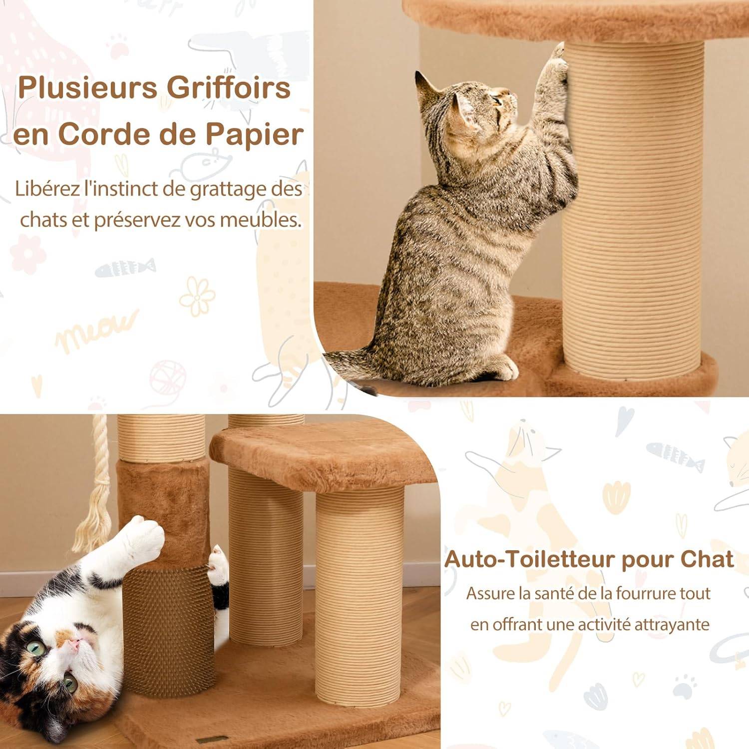 COSTWAY Arbre à Chat XXL 164 cm, Arbre a Chat Maine Coon, 3 Griffoirs pour Chat en Sisal, Brosse d'Toilettage,4 Plateformes, Coussins Amovible,Pompon - Image 5