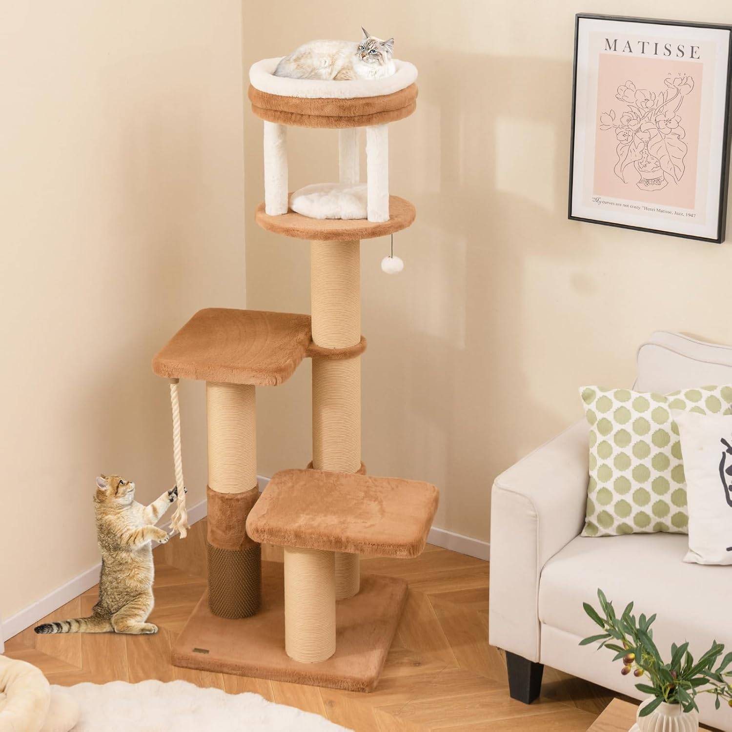 COSTWAY Arbre à Chat XXL 164 cm, Arbre a Chat Maine Coon, 3 Griffoirs pour Chat en Sisal, Brosse d'Toilettage,4 Plateformes, Coussins Amovible,Pompon - Image 2
