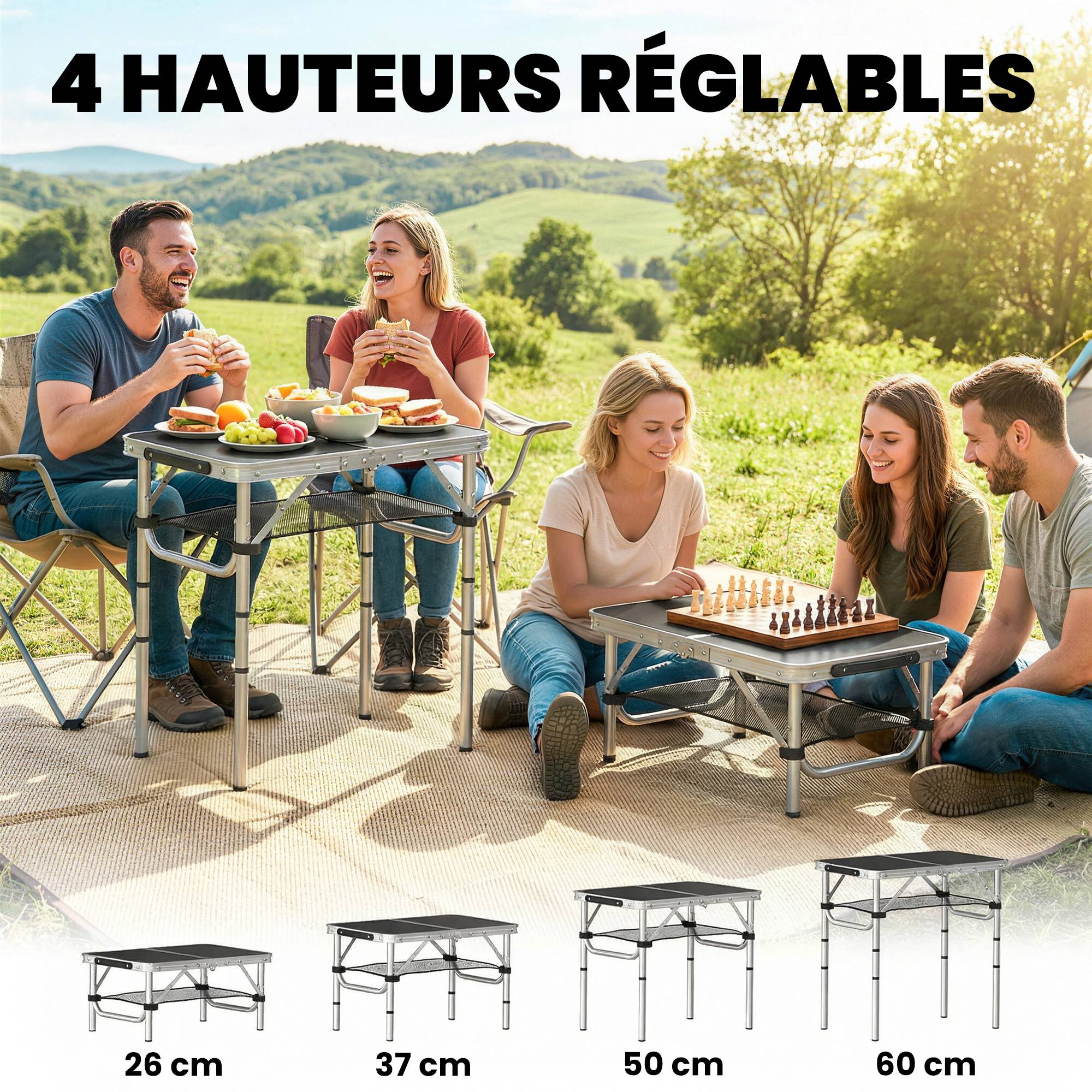 ComfortXL - Table de camping pliante aluminium MDF jardin pique-nique 4 hauteurs 60 x 40 x 60 cm noire - ComfortXL Outdoor Living - Image 7