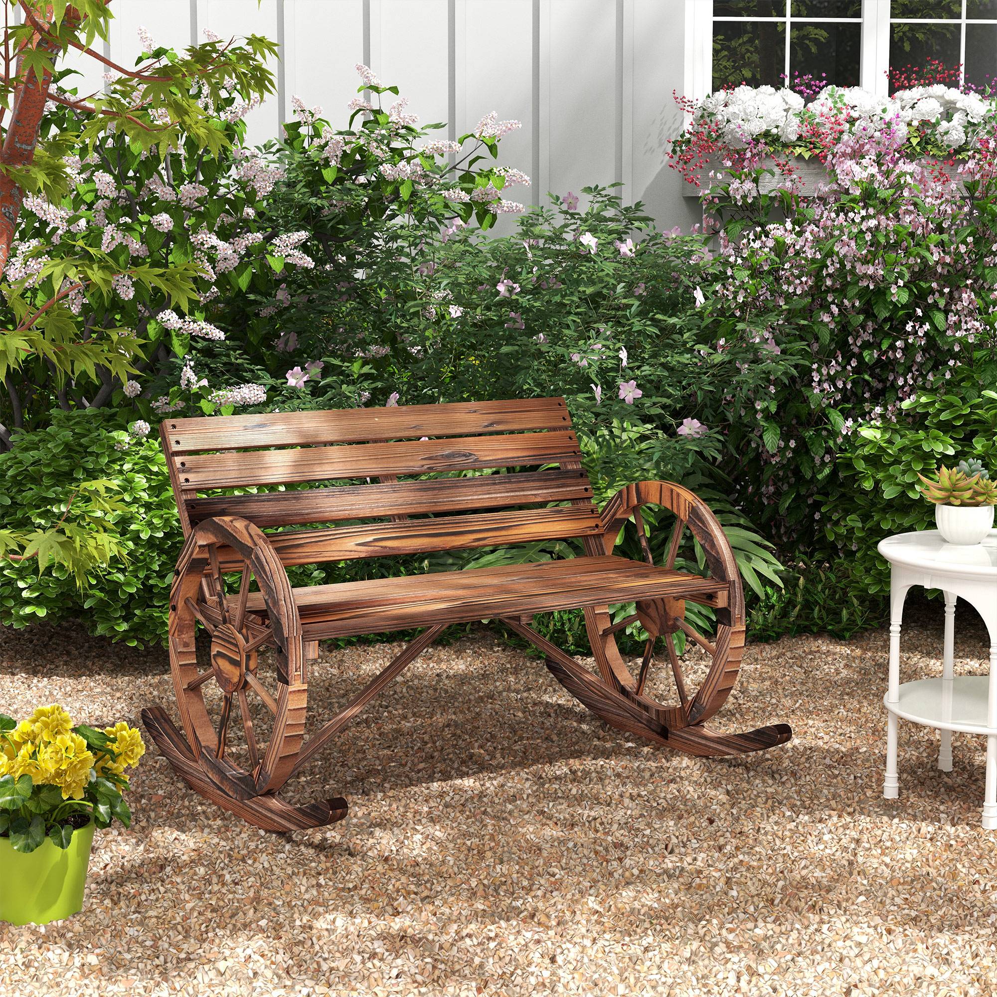 Banc à Bascule Bois Sapin Jardin 2 Places Accoudoirs Roues 105x88x74cm Carbonisé - ComfortXL Outdoor Living - Image 3