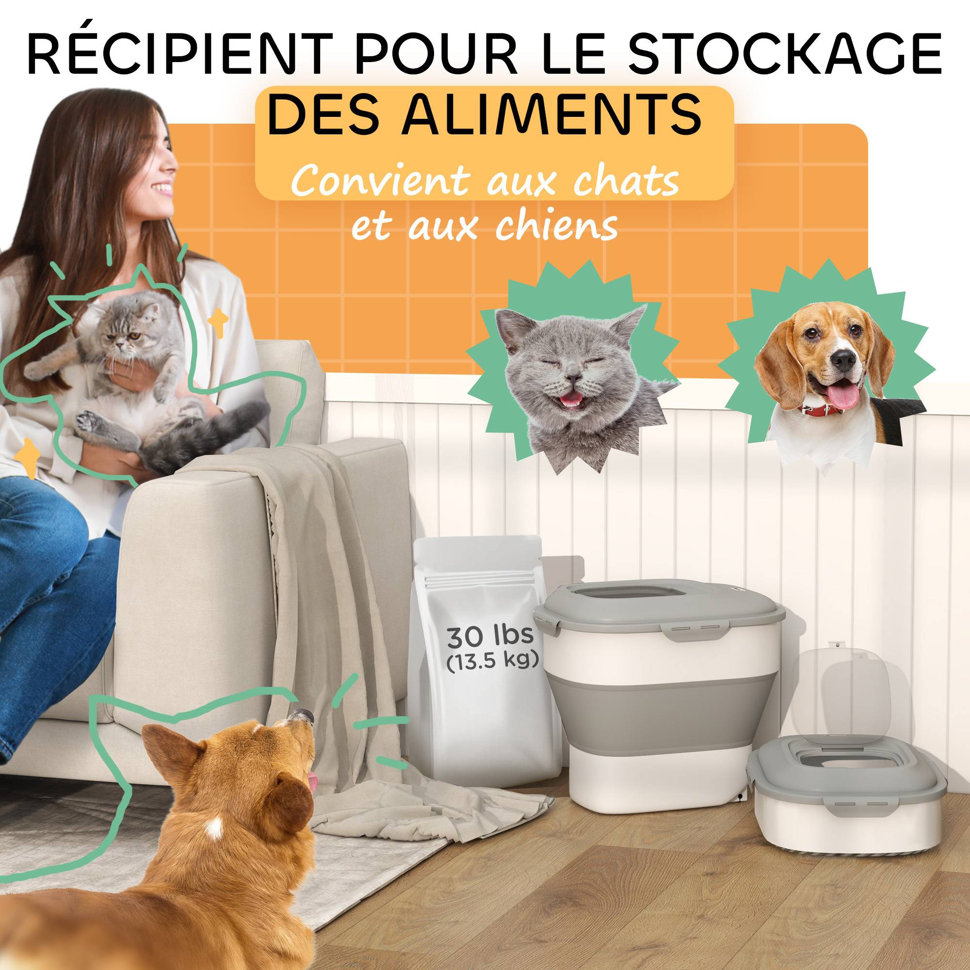 Conteneur à croquettes pour chien pliable 25L rangement hermétique couvercles hermétiques roulettes 44 x 32 x 37 cm gris - Image 6
