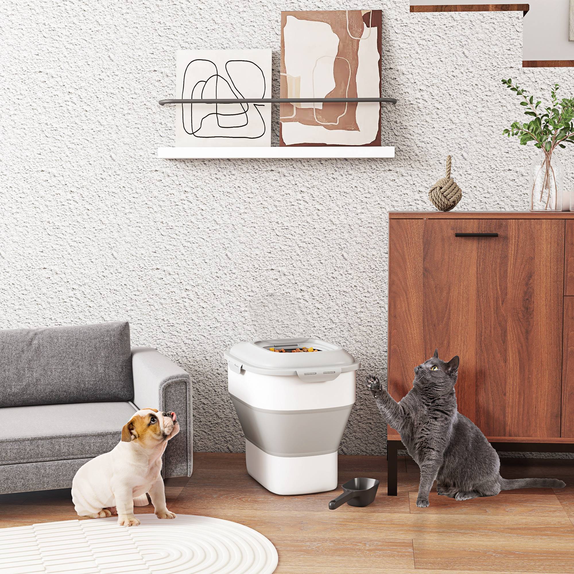 Conteneur à croquettes pour chien pliable 25L rangement hermétique couvercles hermétiques roulettes 44 x 32 x 37 cm gris - Image 3