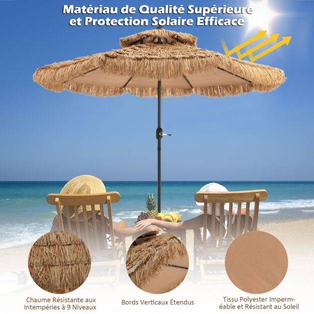 Helloshop26 - Parasol de plage style hawaï 2,7 m double aération avec 8 baleines système de manivelle manuel inclinaison réglable brun - Imagen 4