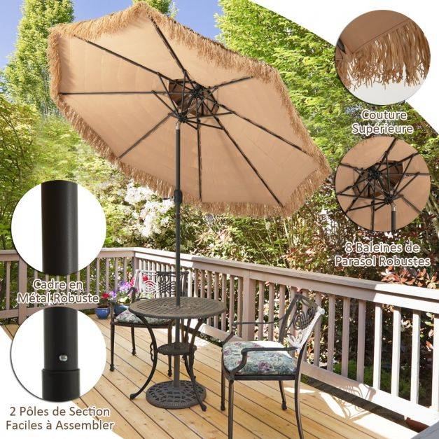 Helloshop26 - Parasol de plage style hawaï 2,7 m double aération avec 8 baleines système de manivelle manuel inclinaison réglable brun - Imagen 3