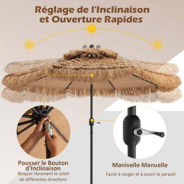 Helloshop26 - Parasol de plage style hawaï 2,7 m double aération avec 8 baleines système de manivelle manuel inclinaison réglable brun - Imagen 5
