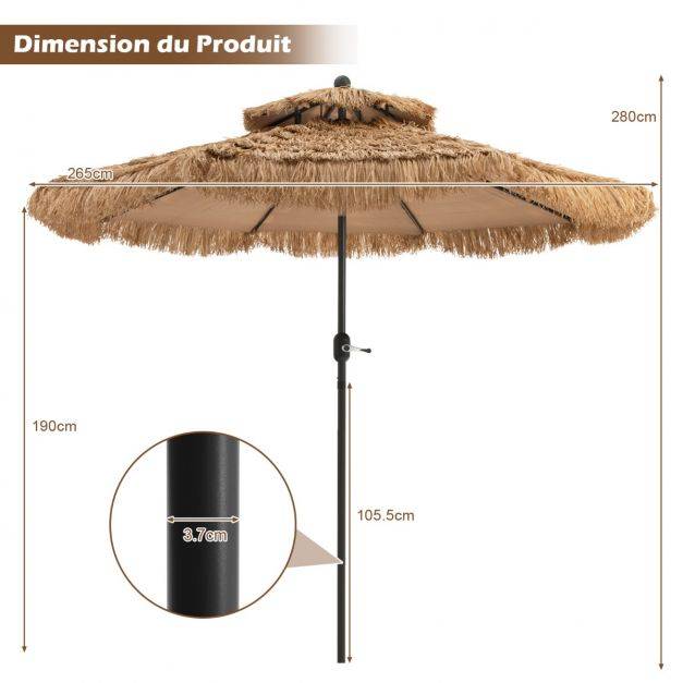Helloshop26 - Parasol de plage style hawaï 2,7 m double aération avec 8 baleines système de manivelle manuel inclinaison réglable brun - Imagen 6