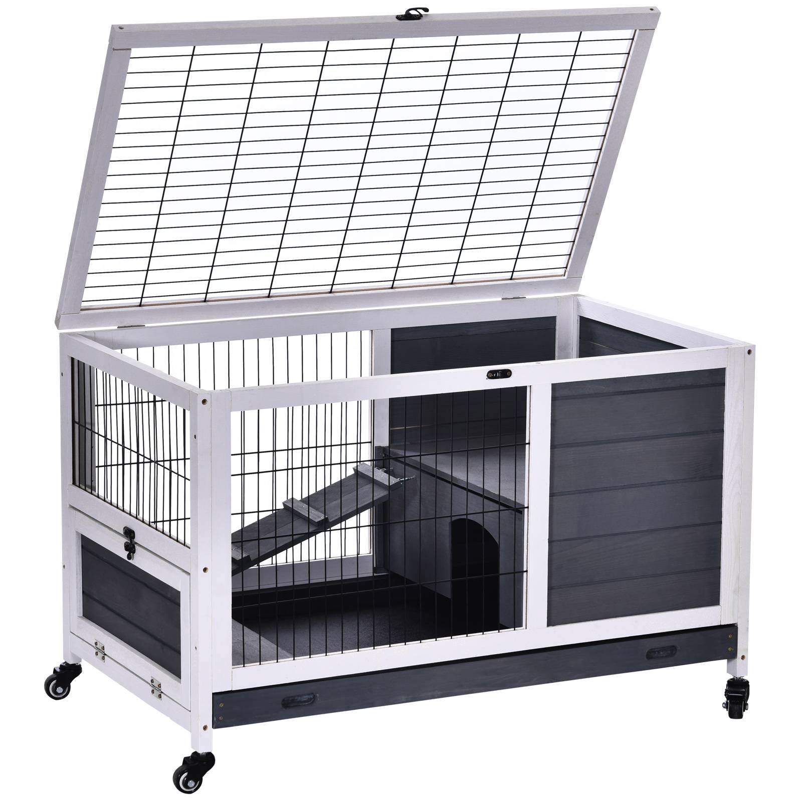 Clapier pour petits animaux avec toit ouvrant et bac amovible 90 x 53 x 59 cm Gris et blanc - Image 1