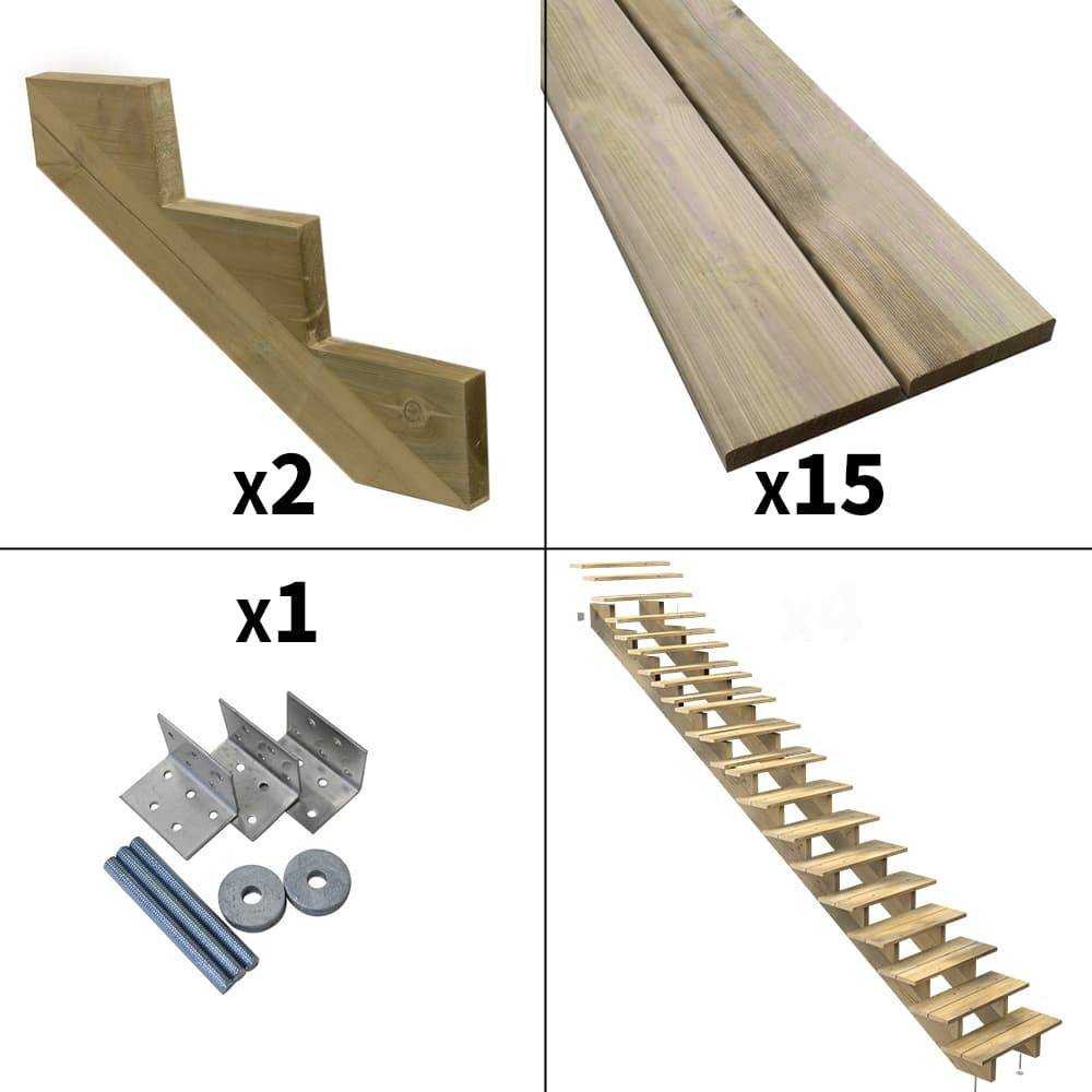 Escalier Bois Exterieur - 15 Marches - Largeur : 80 cm - Marches découpables - Sans Contremarches - Pin du Nord - Imagen 2