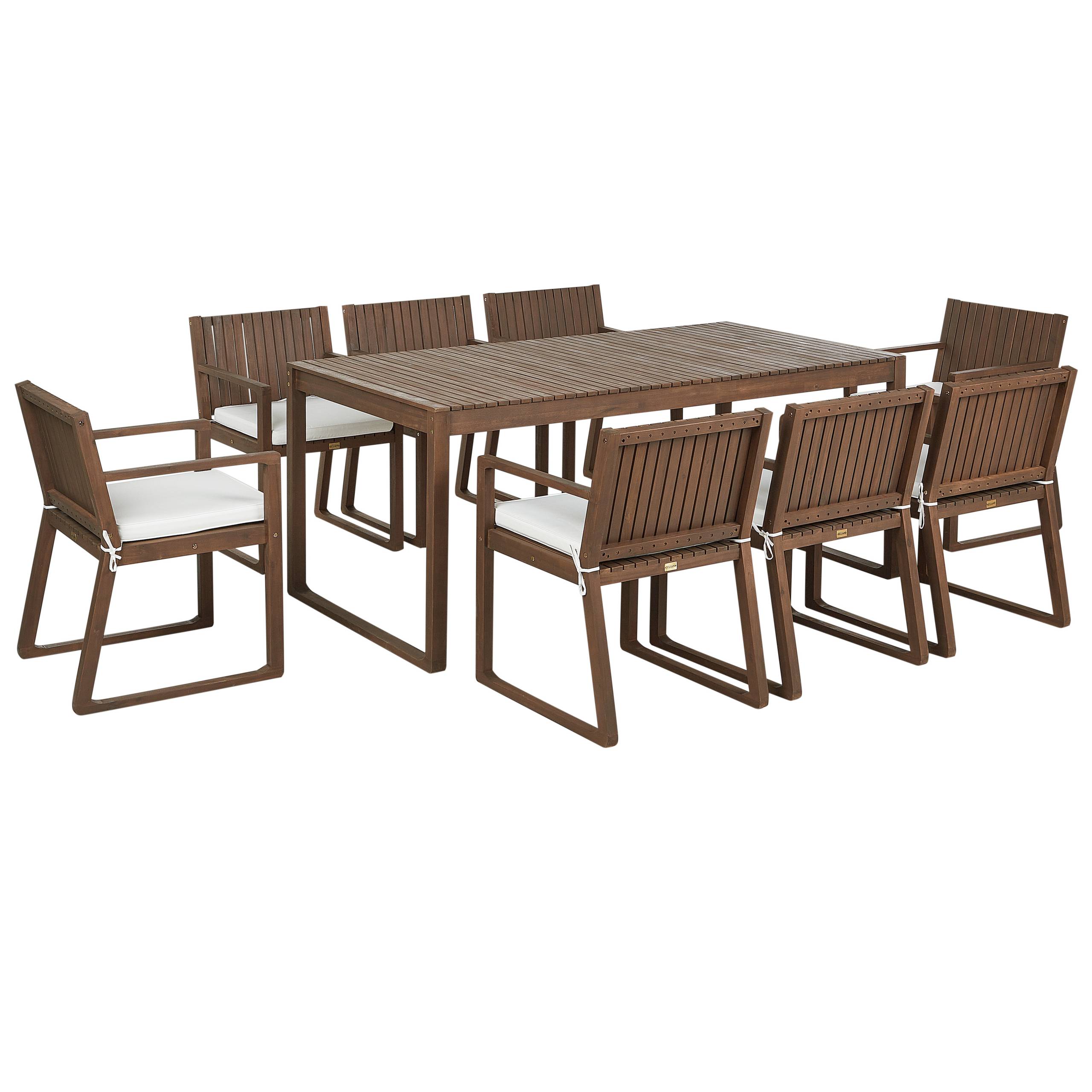 Beliani - Ensemble de Salle à Manger Extérieur Table en Bois d'Acacia Foncé 8 Chaises et Coussins Blanc Cassé Jardin Rustique - Imagen 1