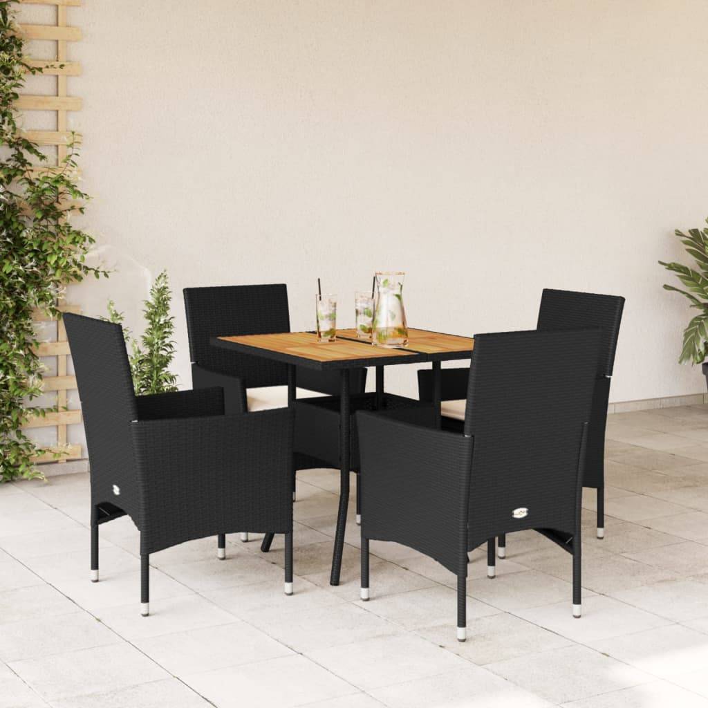 Salon de Jardin 4 Personnes Résine Tressée et Table Acacia Carrée 80cm avec Coussins pour Extérieur Noir – ComfortXL Outdoor Living - Image 1