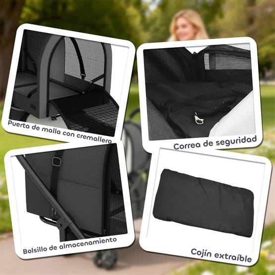 Poussette double pliable pour chiens et chats avec 2 paniers amovibles, ceinture et coussins, 66 x 50 x 98 cm, gris foncé - Image 9