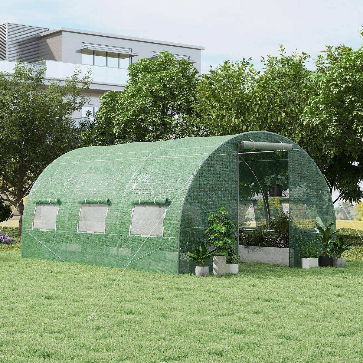 Serre de Jardin 12m² Cadre en Acier Galvanisé Serre Tunnel Coupe-Vent avec Cerceau Fenêtres Enroulables 2 Portes Zippées 4x3x2M F226R MAISON CHIC - Image 2