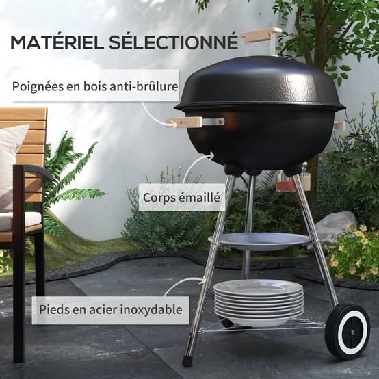 Barbecue à charbon BBQ rond avec couvercle roues et contrôle température portable barbecue grill noir - Image 8