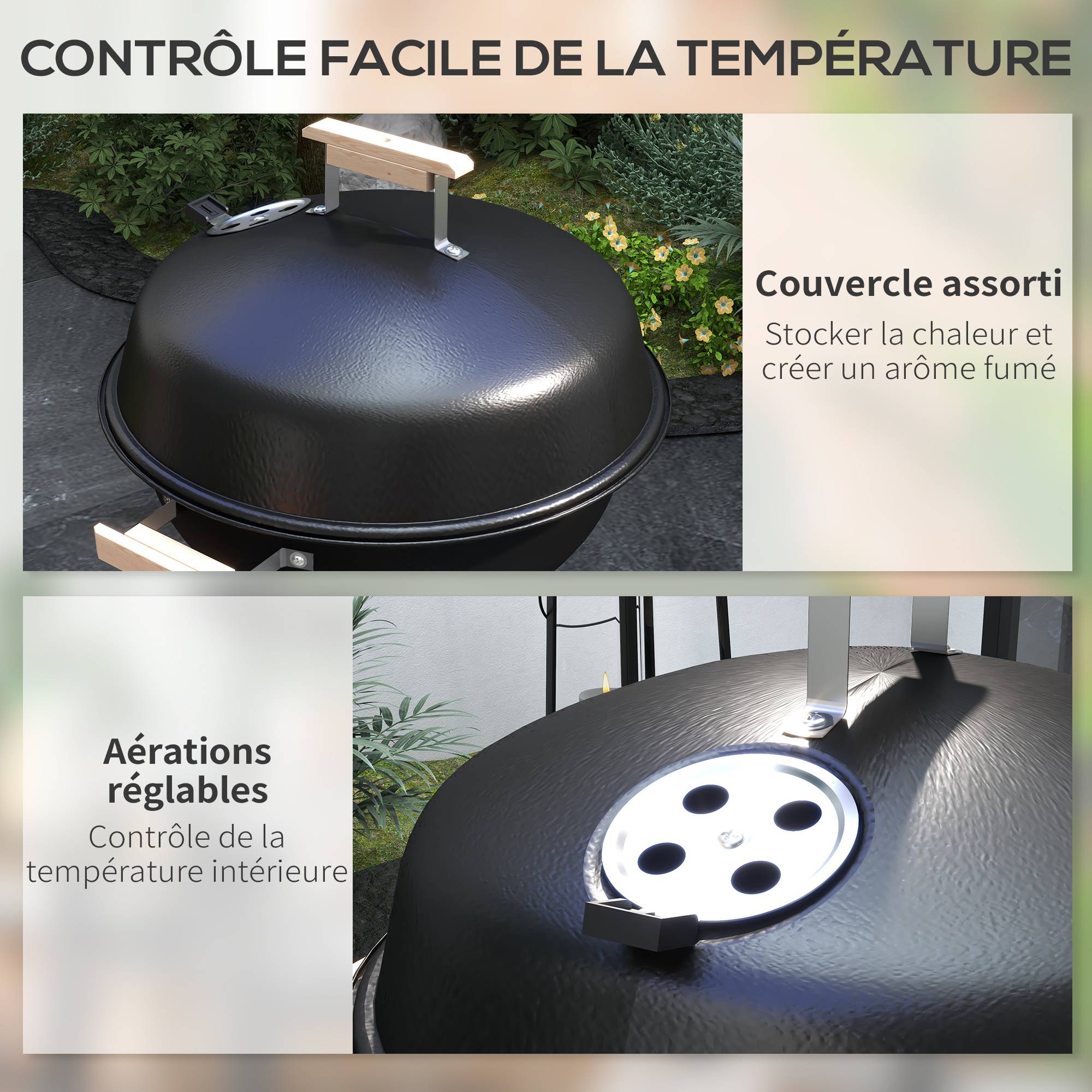 Barbecue à charbon BBQ rond avec couvercle roues et contrôle température portable barbecue grill noir - Image 7