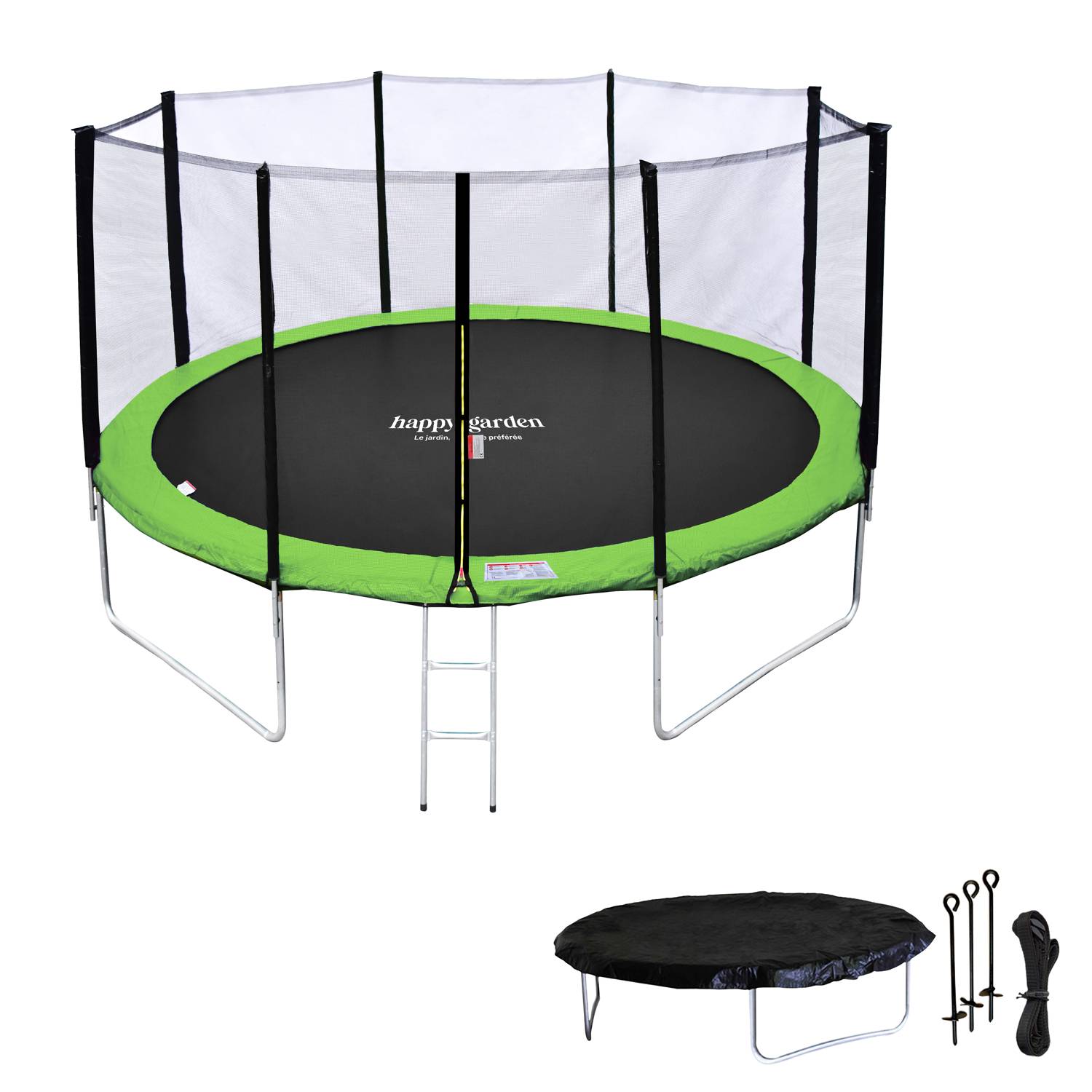 Happy Garden - Pack Premium Trampoline 370cm réversible bleu / vert PERTH + filet, échelle, bâche et kit d'ancrage - HAPPY GARDEN - Imagen 2