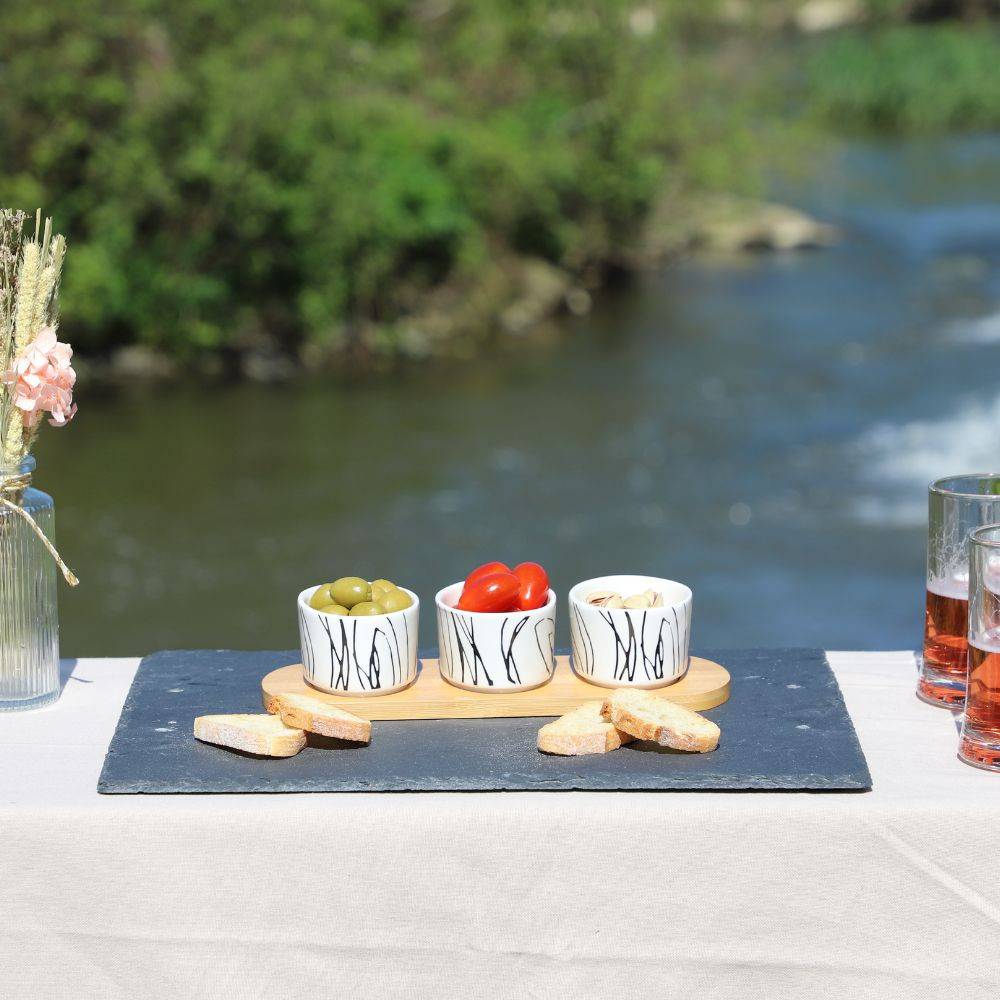 ~ Set apéritif tapas 3 verrines bambou céramique blanc et marron 33.5 x 10 cm Chemin de campagne - Imagen 2