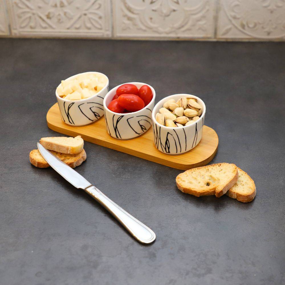 ~ Set apéritif tapas 3 verrines bambou céramique blanc et marron 33.5 x 10 cm Chemin de campagne - Imagen 3