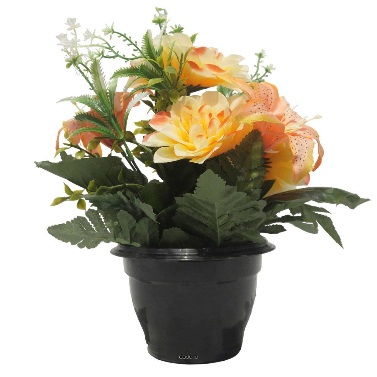 Artificielles - Pot pour les Tombes de Dahlias, mini fleurs et Lys artificiels pour la Toussaint Orange - couleur: Orange - Imagen 2