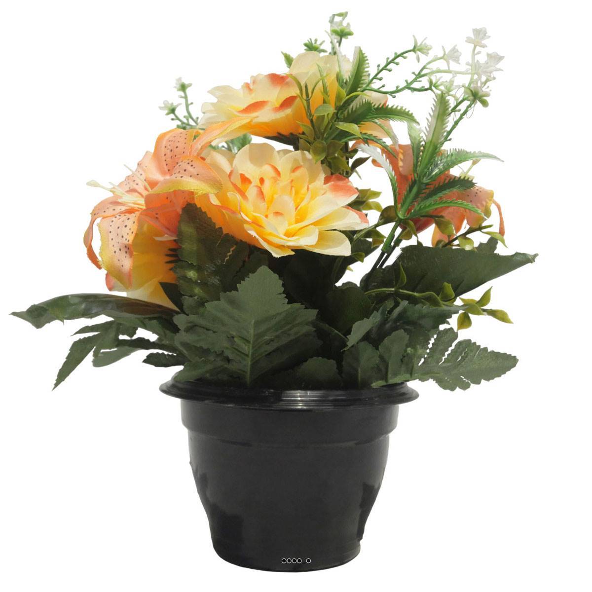Artificielles - Pot pour les Tombes de Dahlias, mini fleurs et Lys artificiels pour la Toussaint Orange - couleur: Orange - Imagen 1