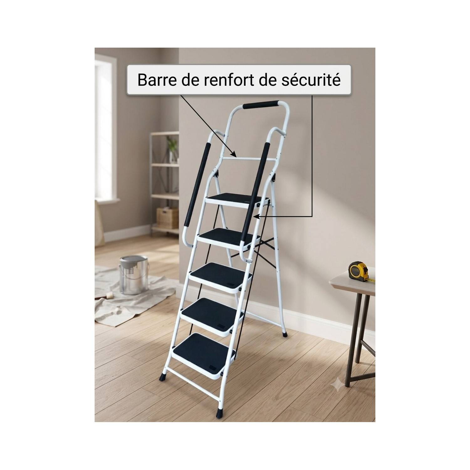 Escabeau avec main courante BM TOOLS BMT-ESC-5-MC-RENFORT, 5 marches - Échelle multi-usage Intérieur/Extérieur, avec renfort - Image 4