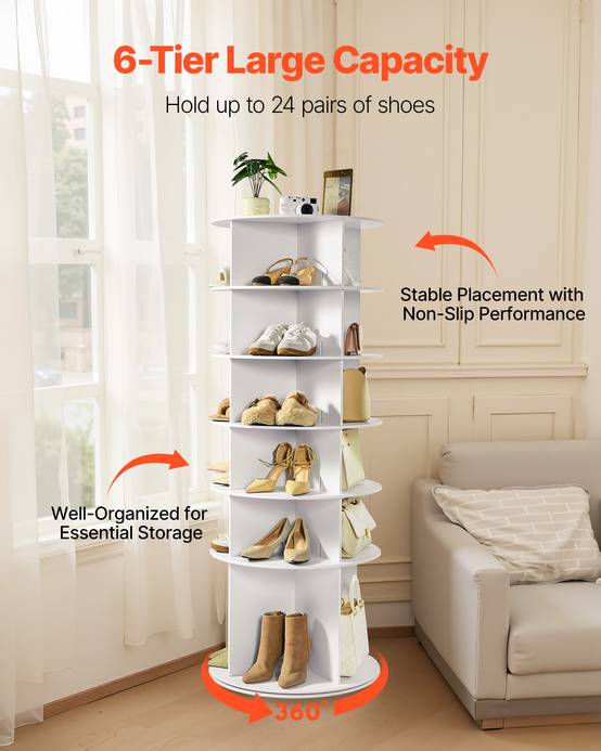 VEVOR Étagère présentoir à chaussures rotatif 360° 6 niveaux 24 paires blanc - Image 4