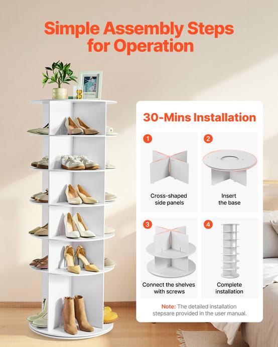 VEVOR Étagère présentoir à chaussures rotatif 360° 6 niveaux 24 paires blanc - Image 6