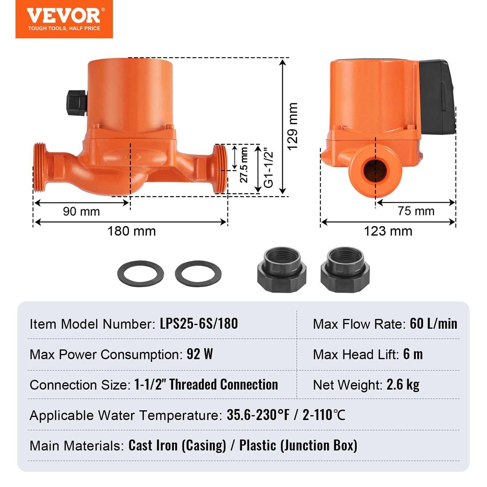 VEVOR Pompe circulation eau chaude LPS25-6S-180, 60 L/min, 3 vitesses, 220V 92W, hauteur 6m, pour chauffe-eau. - Image 7