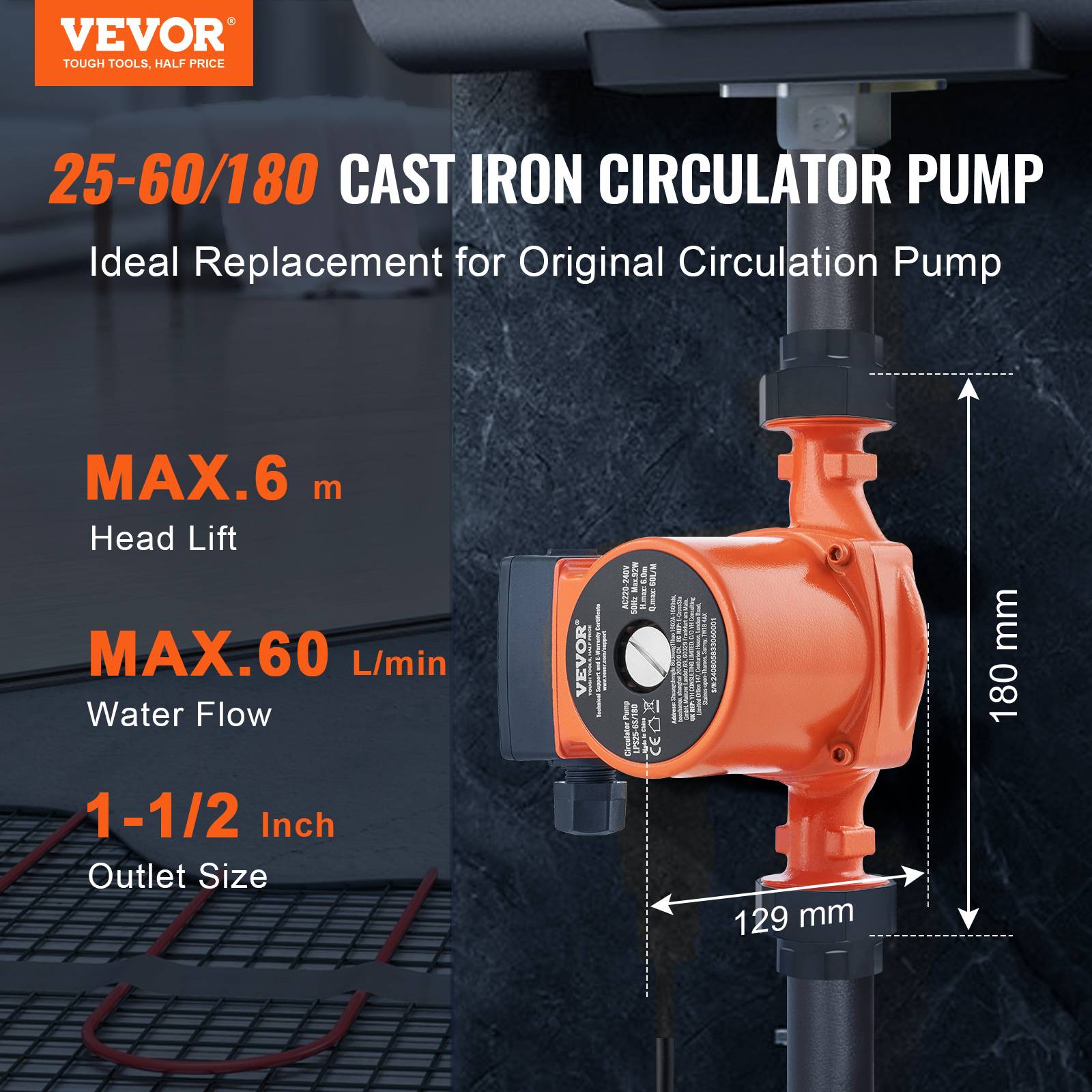 VEVOR Pompe circulation eau chaude LPS25-6S-180, 60 L/min, 3 vitesses, 220V 92W, hauteur 6m, pour chauffe-eau. - Image 2