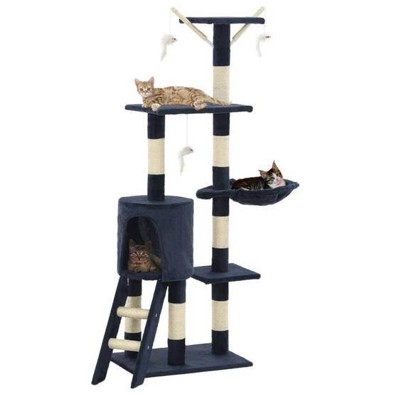 Helloshop26 - Arbre à chat griffoir grattoir niche jouet animaux peluché en sisal 138 cm bleu foncé - Image 1